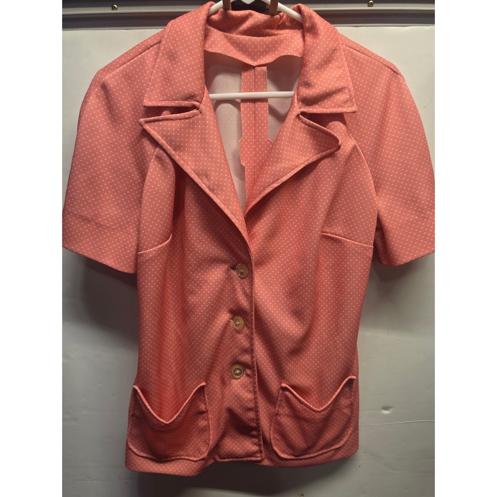 Vintage 70s Salmon Pink Polka Dot Short Sleeve Blazer Top Jacket Pockets